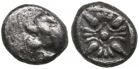 Ionia, Miletos AR Diobol circa 520-450 BC
0.94g. 8mm. F/VF Forepart of roaring lion to left. / Stellate pattern within incuse square.