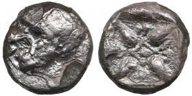Ionia, Miletos AR Diobol circa 520-450 BC
1.05g. 9mm. F/F Forepart of roaring lion to the right. / Stellate pattern within incuse square.