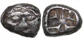 Mysia, Parion AR Drachm circa 550-520 BC
2.88g. 13mm. F/VF Facing head of gorgoneion with open mouth and protruding tongue / Irregular incuse punch.