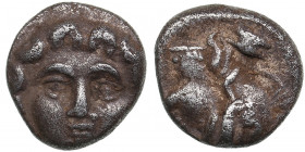 Pisidia, Selge AR Obol circa 350-300 BC
0.93g. 9mm. VF/F Facing Gorgoneion / Helmeted head of Athena to right.