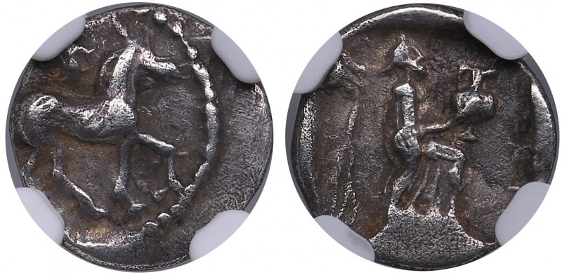 Thessaly, Larissa AR Obol c. 460-400 BC - NGC Ch VF
Horse stg. / nymph Larissa h...