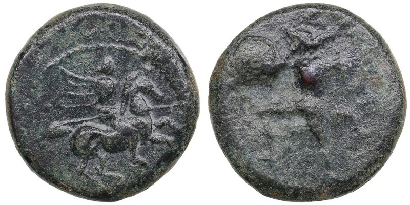 Thessaly, Pelinna Æ 4th century BC
2.50g. 15mm. F/F Horseman right / Warrior adv...