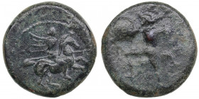 Thessaly, Pelinna Æ 4th century BC
2.50g. 15mm. F/F Horseman right / Warrior advancing left, holding shield and two spears.