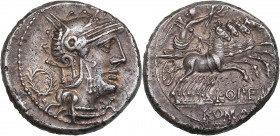 Roman Republic AR Denarius - Opimia. L. Opeimius (131 BC)
3.88g. 17mm. AU/UNC Beauteous lustrous specimen with gorgeous old gray toning. Head of Rome ...