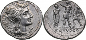 Roman Republic AR Denarius - Porcia. P. Porcius Lacca (110-109 BC)
3.89g. 20mm. AU/AU Very attractive specimen. BMC 649, Cal 1201, Craw 301/1, FFC 105...