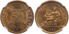 France 50 centimes 1925 - NGC MS 65
TOP POP. The highest graded piece at NGC. The only three examples awarded this grade by NGC. An extraordinarily lu...