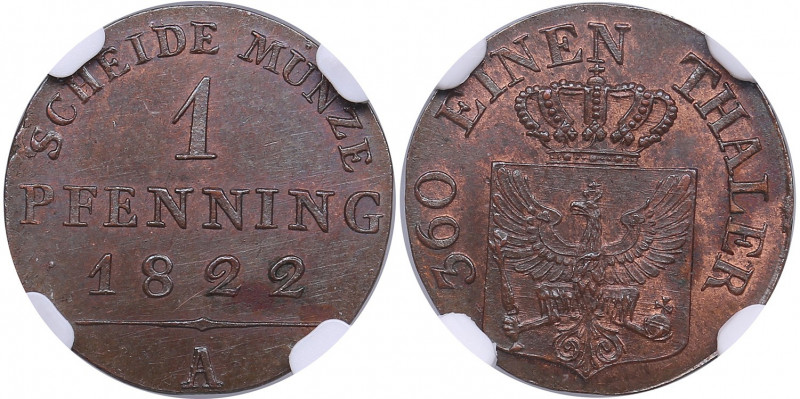 Germany, Prussia 1 pfenning 1822 A - NGC MS 63 BN
TOP POP. The highest graded pi...