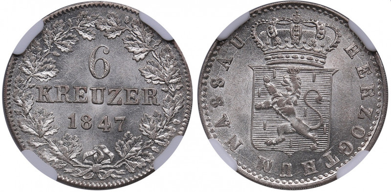 Germany, Nassau 6 Kreuzer 1847 - NGC MS 63
Very beautiful lustrous specimen. Onl...