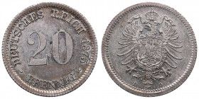 Germany, Empire 20 pfennig 1875 D
1.09g. AU/UNC Beautiful lustrous specimen with nice natural toning.