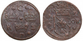 Sweden 1/4 öre 1634 - Kristina (1632-1654)
9.83g. XF-/XF