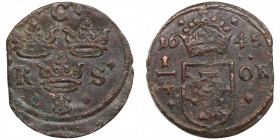 Sweden 1/4 öre 1645 - Kristina (1632-1654)
11.15g. XF-/XF-