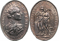 Sweden medal Commemorating the death of Karl XII, 1718
6.98g. 31x23mm. XF/XF CAROLUS• XII• D• G• SU• G• V• REX, OB• II• DEC: 1718: / FORTITVDO ET IMMO...