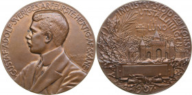 Sweden medal of the industrial craft and art exhibition in Lund 1907
50.26g. 46mm. UNC/UNC INDUSTRI SLÖJD OCH KONSTUTSTÄLLNINGEN I LUND. 1907 / GUSTAF...