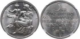 Switzerland 5 francs 1948 B - NGC MS 65
An extraordinarily lustrous specimen. Constitution centennial. KM 48.