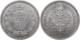 Russia 25 kopecks 1859 СПБ-ФБ
5.12g. AU/UNC Mint luster. Bitkin 131 R. Rare!