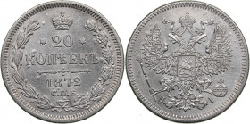 Russia 20 kopecks 1872 СПБ-HI
3.53g. XF/AU Mint luster. Bitkin 222.