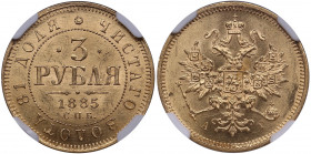 Russia 3 roubles 1885 СПБ-AГ - NGC MS 63
Magnificent luminous specimen. Only five specimens have been certified finer by NGC. Alexander III 3 roubles ...