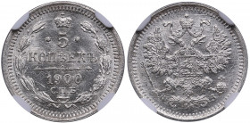 Russia 5 kopecks 1900 СПБ-ФЗ - NGC MS 64
Beautiful lustrous specimen. Bitkin 175.