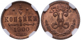 Russia 1/4 kopecks 1900 СПБ - NGC MS 63 RB
Very beautiful lustrous red-brown color toning specimen. Bitkin 311.