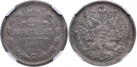 Russia 20 kopecks 1901 СПБ-ФЗ - NGC AU 58
An attractive dark gray color toning specimen. Bitkin 100.
