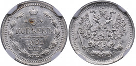 Russia 5 kopecks 1901 СПБ-ФЗ - NGC UNC DETAILS
Rev. cleaned, but still very attractive lustrous specimen. Bitkin 176.