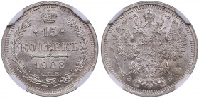 Russia 15 kopecks 1908 СПБ-ЭБ - NGC MS 65
Beautiful lustrous specimen. Bitkin 134.
