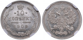 Russia 10 kopecks 1909 СПБ-ЭБ - NGC MS 66
Very beautiful lustrous specimen. Bitkin 161.