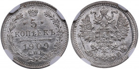 Russia 5 kopecks 1909 СПБ-ЭБ - NGC MS 65
Beautiful lustrous specimen. Bitkin 185.