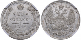 Russia 20 kopecks 1912 СПБ-ЭБ - NGC MS 65+
Very beautiful lustrous specimen with elegant light toning. Bitkin 112.
