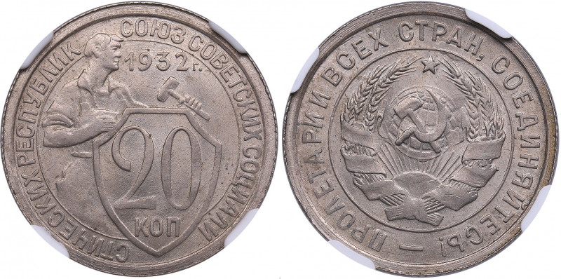 Russia, USSR 20 kopecks 1932 - NGC MS 65
Magnificent lustrous specimen. Rare sta...
