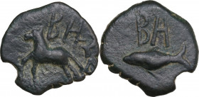 Hispania. Balsa (Tavira, Portugal). AE Quadrans, c. 50 BC. Obv. Horse galloping left; above, BALS. Rev. Tunny left; above, BA. ACIP-2512 var. (light w...