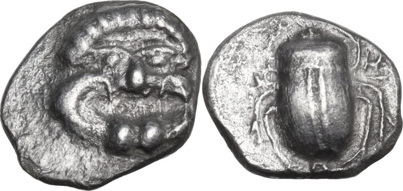 Greek Italy. Coastal Etruria, Vulci. AR Diobol, 5th-4th century BC. Obv. Head of...