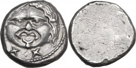 Greek Italy. Etruria, Populonia. AR 20-Asses, 3rd century BC. Obv. Facing head of Metus, tongue protruding, hair bound with diadem; below, X:X. Dotted...