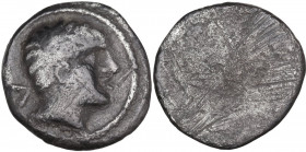 Greek Italy. Etruria, Populonia. AR 5-Asses, 3rd century BC. Obv. Young male head right; behind, V. Linear border. Rev. Blank. Vecchi EC 90; HN Italy ...