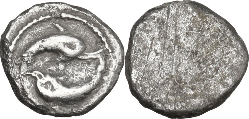 Greek Italy. Etruria, Populonia. AR Obol (?), 3rd century BC. Obv. Two dolphins....