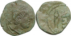 Greek Italy. Etruria, Populonia. AE Triens of 10-Units, late 3rd century BC. Obv. Head of Sethlans right, wearing pileus decorated with laurel wreath;...
