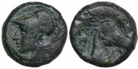 Greek Italy. Etruria, Cosa. AE Quartuncia, c. 273-250 BC. Obv. Head of Cosa left, wearing crested helmet. Rev. [CO] ZAN [O] Bridled horse' s head righ...
