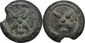 Greek Italy. Inland Etruria, uncertain mint. Wheel/Wheel series. AE Cast Uncia, 3rd century BC. Obv. Wheel with four curved spokes, one pellet within ...