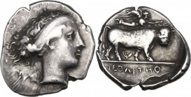 Greek Italy. Central and Southern Campania, Neapolis. AR Didrachm, c. 420-400 BC. Obv. Head of nymph right; below, Scylla. Rev. Man-headed bull standi...