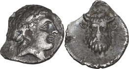 Greek Italy. Central and Southern Campania, Neapolis. AR Obol, c. 350-325 BC. Obv. Laureate head of Apollo right; behind, X. Rev. Head of man-faced bu...