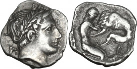 Greek Italy. Central and Southern Campania, Neapolis. AR Obol, c. 320-300 BC. Obv. Laureate head of Apollo right; A behind neck. Rev. ΝΕΟΠ[ΟΛΙΤΩΝ]. He...