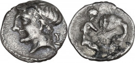 Greek Italy. Central and Southern Campania, Neapolis. AR Obol, c. 350-325 BC. Obv. Laureate head of Apollo left; behind, symbol. Rev. Herakles kneelin...