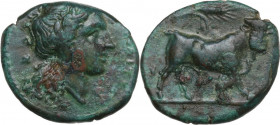Greek Italy. Central and Southern Campania, Neapolis. AE 18.5 mm. c. 300-275 BC. Obv. Laureate head of Apollo right; behind, retrograde K. Rev. Man-he...