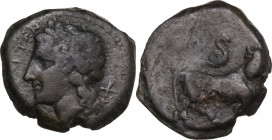 Greek Italy. Central and Southern Campania, Neapolis. AE 18 mm. c. 325-320 BC. Obv. ΝΕΟΠΟΛΙΤΩΝ. Laureate head of Apollo left; behind, X. Rev. Μan-head...