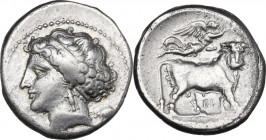 Greek Italy. Central and Southern Campania, Neapolis. AR Didrachm, c. 275-250 BC. Obv. Head of nymph left; elephant to left behind. Rev. Man-headed bu...