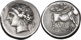 Greek Italy. Central and Southern Campania, Neapolis. AR Didrachm, c. 275-250 BC. Obv. Head of nymph left; cornucopiae behind. Rev. Man-headed bull st...