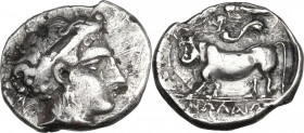 Greek Italy. Central and Southern Campania, Nola. AR Nomos, c. 400-385 BC. Obv. Diademed head of nymph right. Rev. Man-headed bull walking left; above...