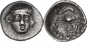 Greek Italy. Central and Southern Campania, Phistelia. AR Obol, c. 325-275 BC. Obv. Head of young male facing slightly right. Rev. Barley grain and mu...