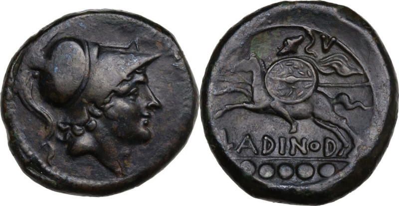 Greek Italy. Eastern Italy, Larinum. AE Quincunx, c. 210-175 BC. Obv. Helmeted h...