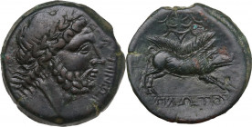 Greek Italy. Northern Apulia, Salapia. AE 21.5 mm, c. 225-210 BC. Obv. ΣΑΛΑΠΙΝΩΝ. Laureate head of Zeus right. Rev. Boar charging right; above, wreath...